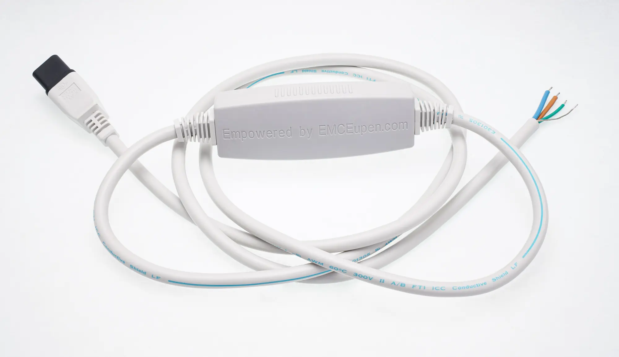 White USB cable with inline control module on a white background.