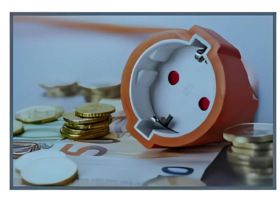 Fallen piggy bank with coins and euro bills scattered around.