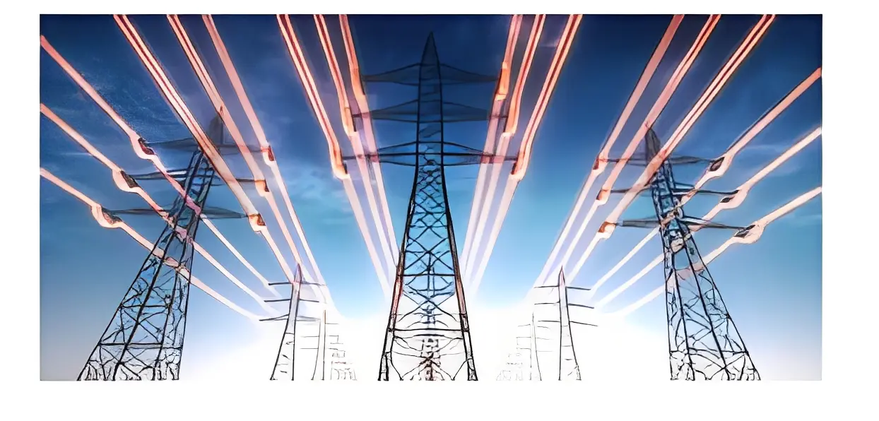 Electric transmission towers with dynamic light trails in the sky.