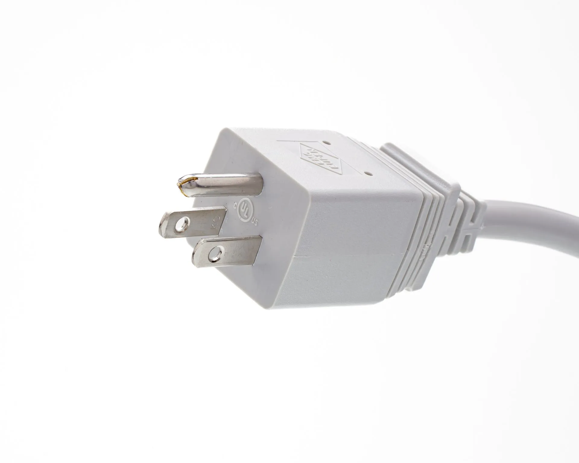 White three-prong electrical plug with attached cord.