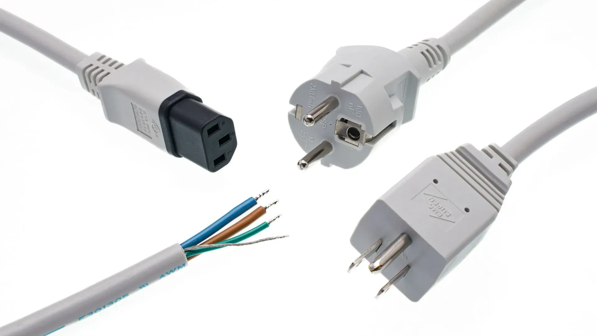 Various types of electrical power plugs and cables.