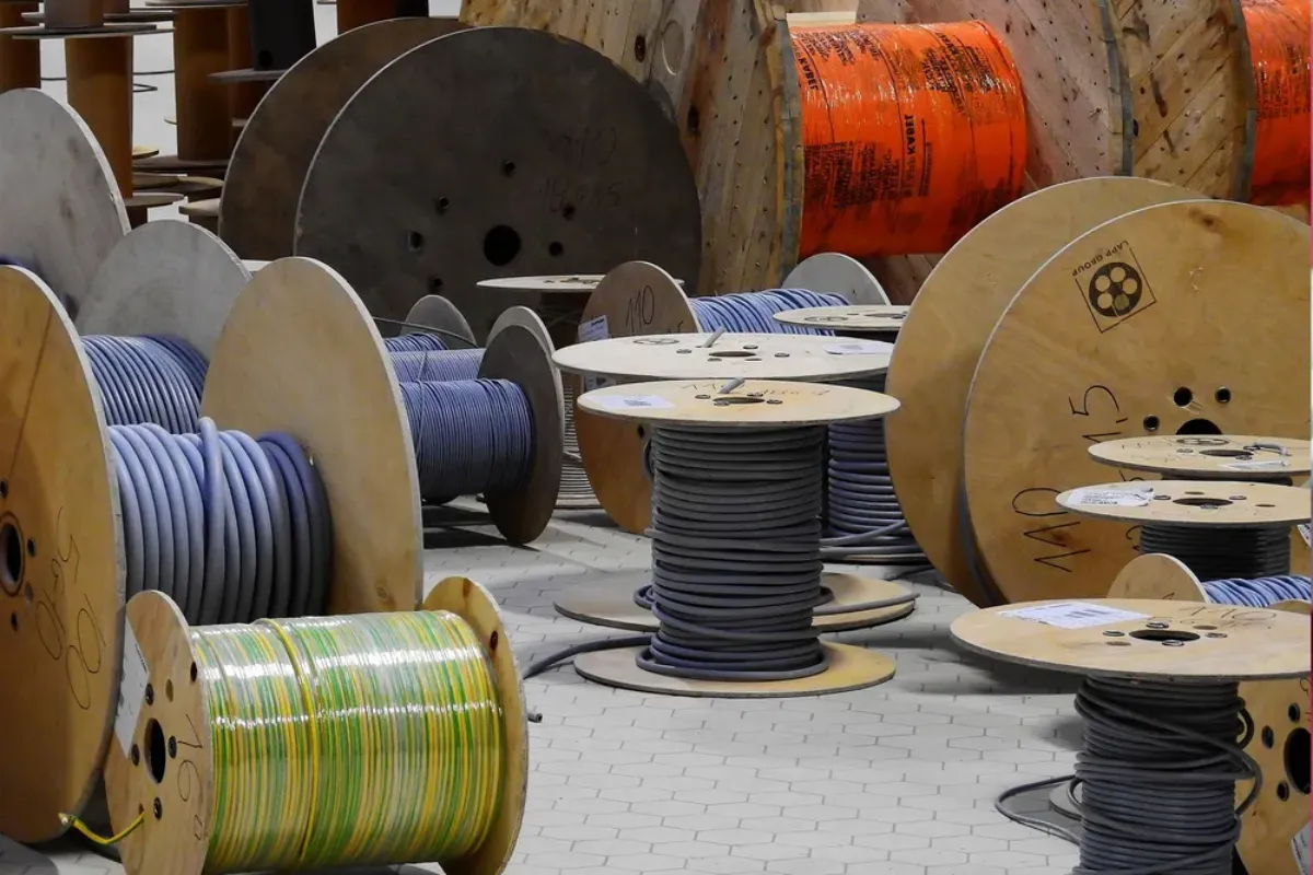 Various large spools of industrial cables arranged on the floor.
