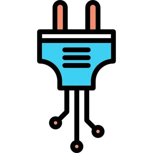 Minimalist logo of a robot with a blue body and orange antennae.